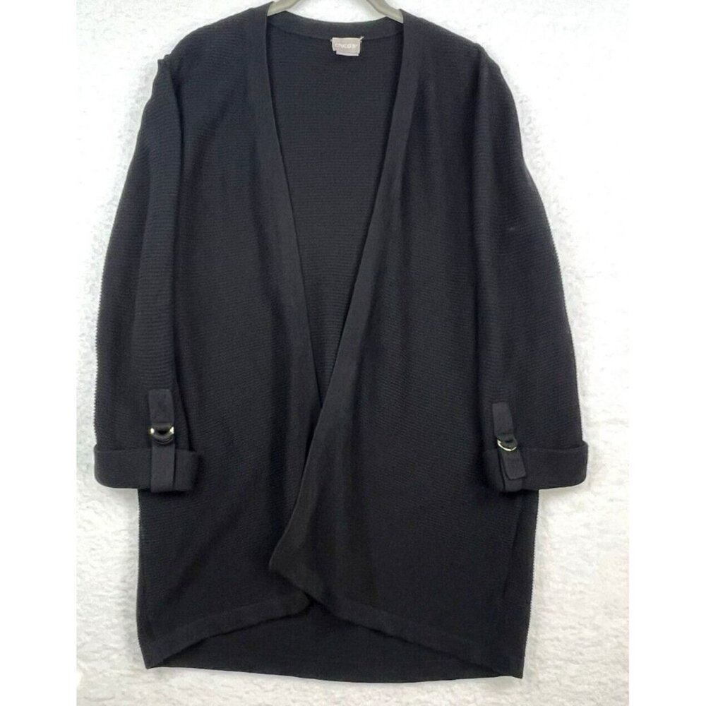 Chicos Cardigan Jacket Large Solid‎ Black Textured 3/4 Sleeve Open Cardigan